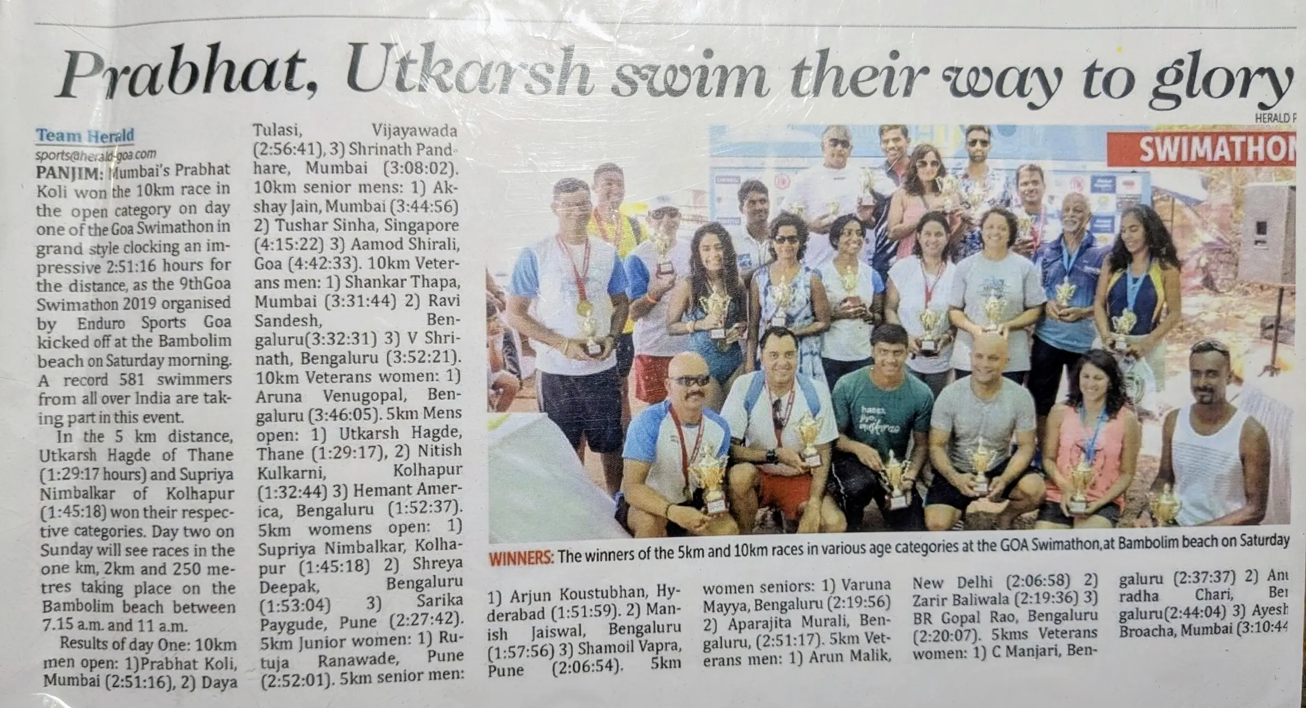Herald Goa newspaper feature — Goa Swimathon 2019